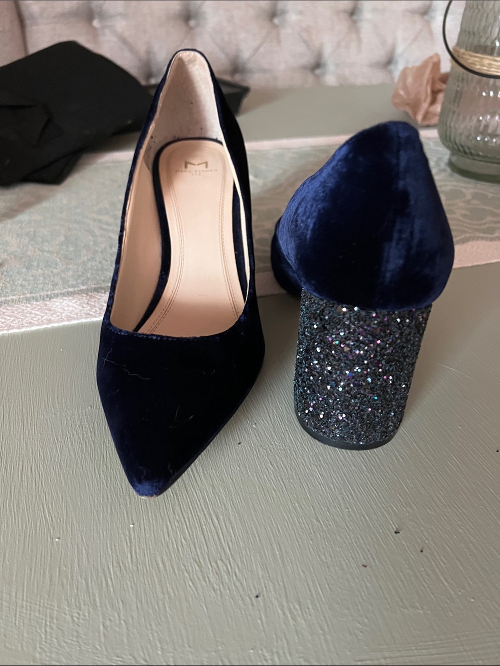 Marc Fisher Navy Velvet Pointed Pumps with Glitter Block Heel